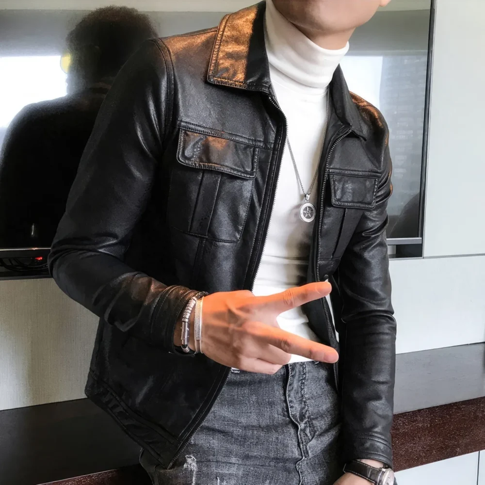 Menâ€™s Black Biker Genuine Sheepskin Shirt Collar CafÃ© Racer Retro Zip-Up Casual Slim Fit Moto Rider Smooth Leather Jacket - Image 3