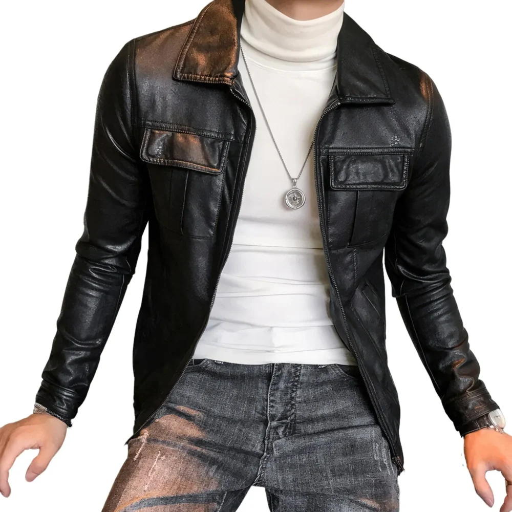 Menâ€™s Black Biker Genuine Sheepskin Shirt Collar CafÃ© Racer Retro Zip-Up Casual Slim Fit Moto Rider Smooth Leather Jacket - Image 5