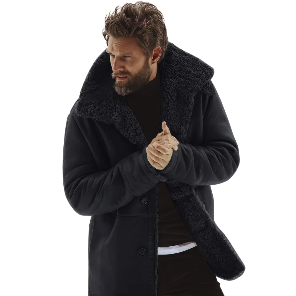 Menâ€™s Black Genuine Suede Sherpa Shearling Faux Fur Lined Winter Warm Single Breasted Fashionable G1 Military Leather Coat
