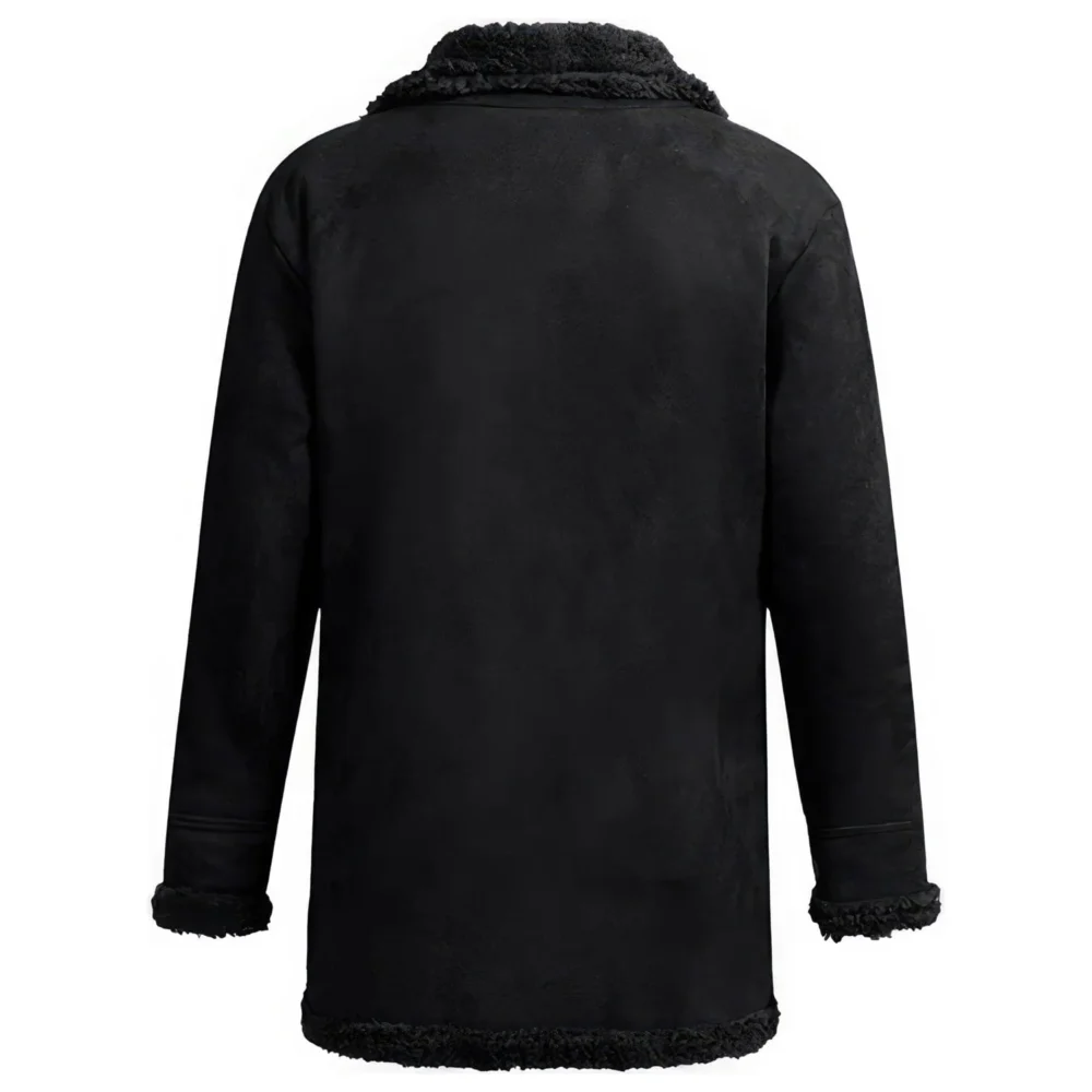 Menâ€™s Black Genuine Suede Sherpa Shearling Faux Fur Lined Winter Warm Single Breasted Fashionable G1 Military Leather Coat - Image 2