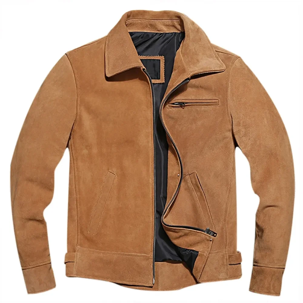Menâ€™s Trucker Vintage Brown Genuine Suede Turn-Down Collar Moto Biker Retro Leather Jacket