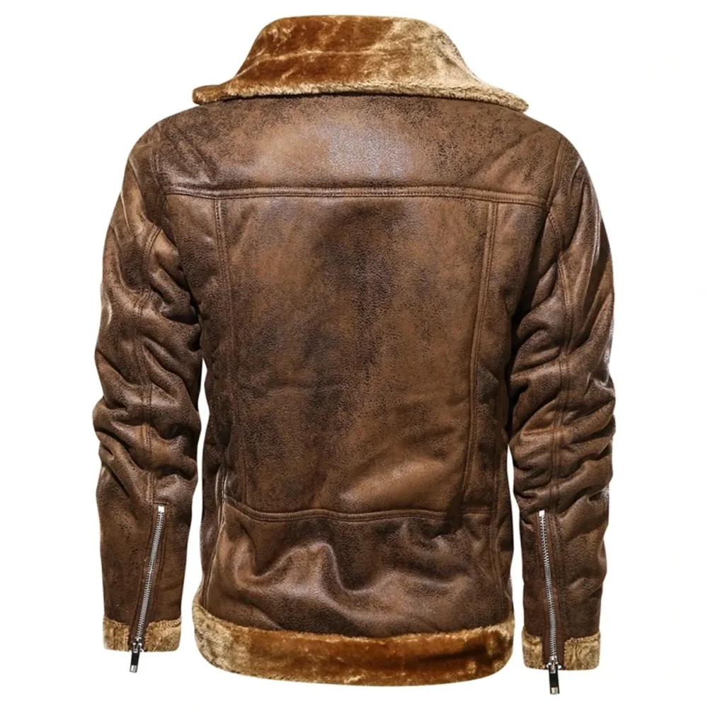 Menâ€™s B3 Bomber Aviator Vintage Distressed Brown Genuine Sheepskin Faux Fur Lapel Collar Asymmetric Leather Jacket - Image 3