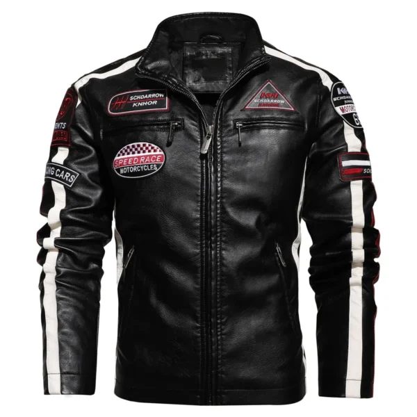 Menâ€™s Black Rider Genuine Sheepskin Stand Collar Cool Embroidery Patch Aviator Fashionable Casual Motorcycle Biker Leather Jacket