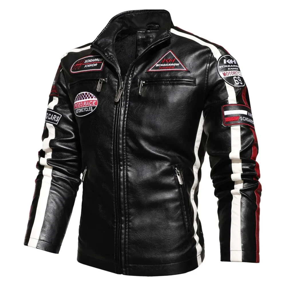 Menâ€™s Black Rider Genuine Sheepskin Stand Collar Cool Embroidery Patch Aviator Fashionable Casual Motorcycle Biker Leather Jacket - Image 2