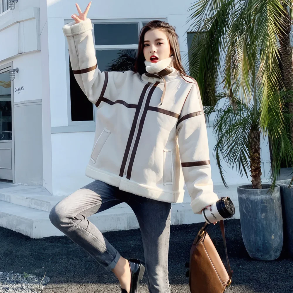 Womenâ€™s Off-White Genuine Suede Sherpa Shearling Faux Fur Lined Brown Strips Loose Oversized Motorcycle Racer Leather Jacket