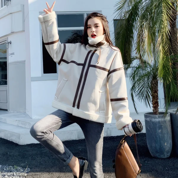 Womenâ€™s Off-White Genuine Suede Sherpa Shearling Faux Fur Lined Brown Strips Loose Oversized Motorcycle Racer Leather Jacket