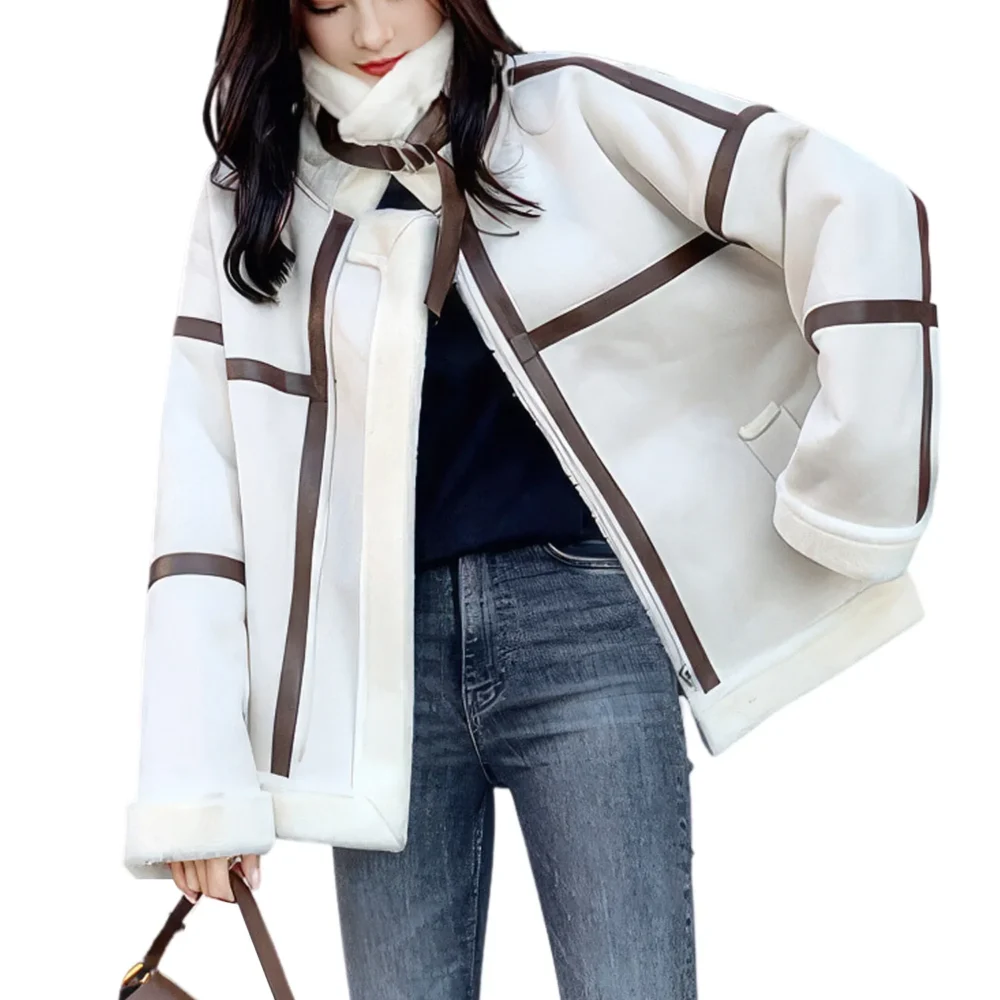 Womenâ€™s Off-White Genuine Suede Sherpa Shearling Faux Fur Lined Brown Strips Loose Oversized Motorcycle Racer Leather Jacket - Image 2