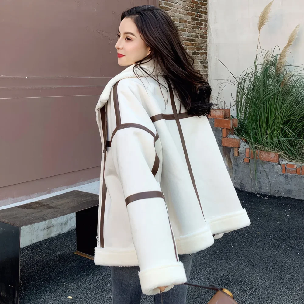 Womenâ€™s Off-White Genuine Suede Sherpa Shearling Faux Fur Lined Brown Strips Loose Oversized Motorcycle Racer Leather Jacket - Image 3