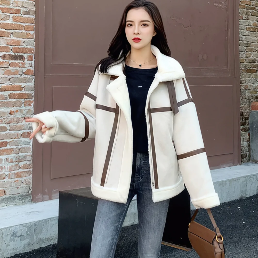 Womenâ€™s Off-White Genuine Suede Sherpa Shearling Faux Fur Lined Brown Strips Loose Oversized Motorcycle Racer Leather Jacket - Image 4