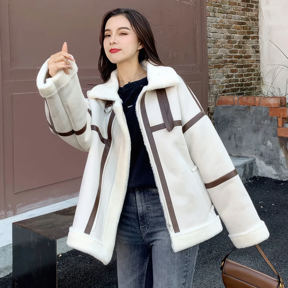 Womenâ€™s Off-White Genuine Suede Sherpa Shearling Faux Fur Lined Brown Strips Loose Oversized Motorcycle Racer Leather Jacket - Image 5