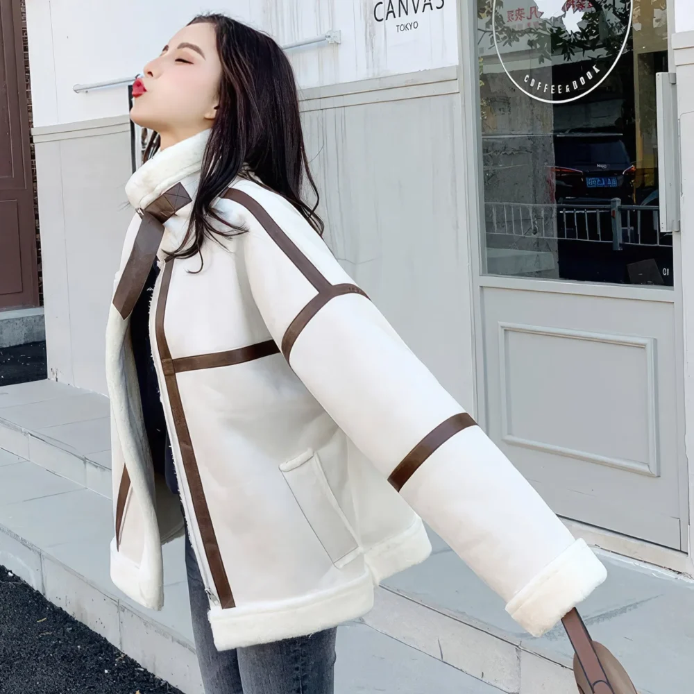 Womenâ€™s Off-White Genuine Suede Sherpa Shearling Faux Fur Lined Brown Strips Loose Oversized Motorcycle Racer Leather Jacket - Image 7