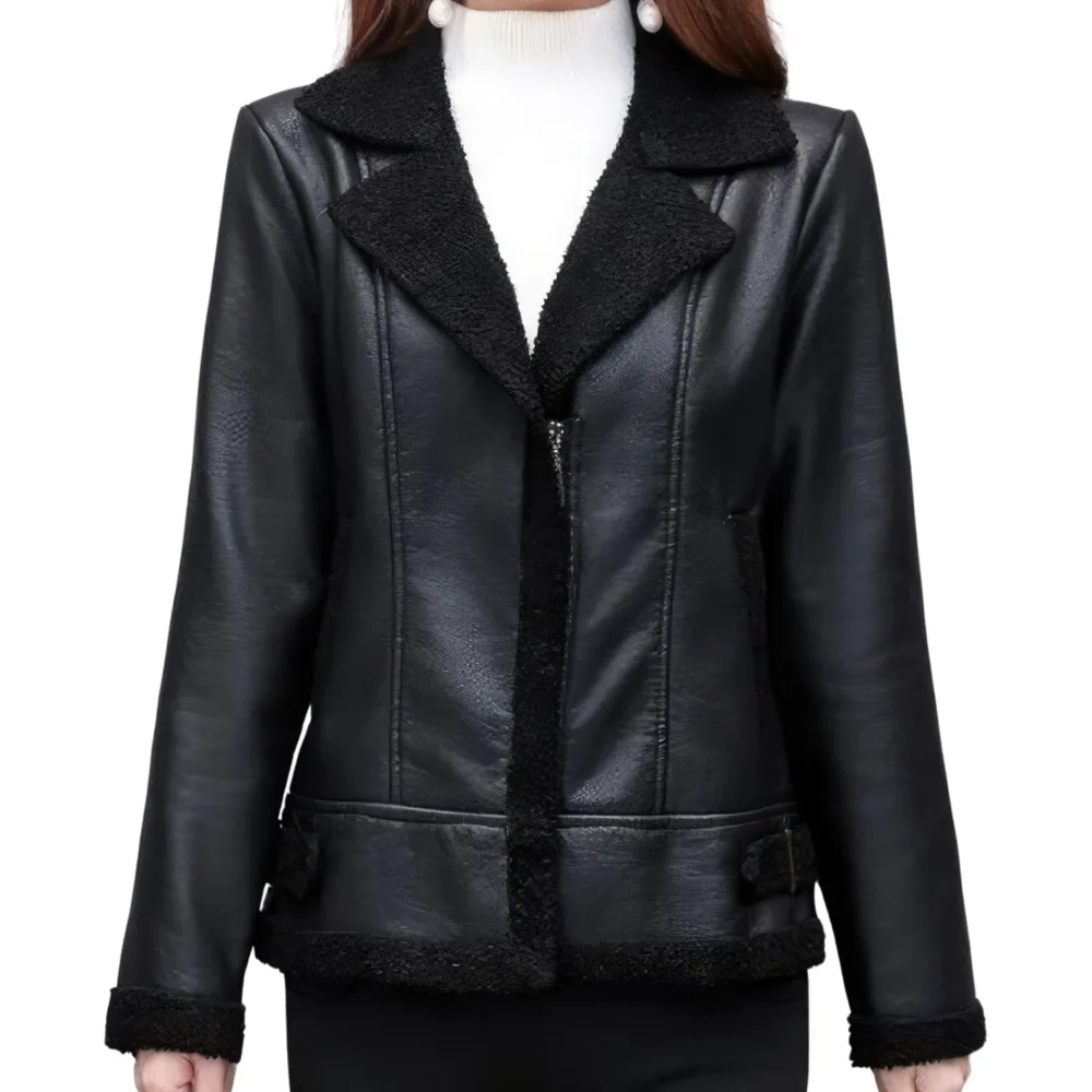 Womenâ€™s Black Bomber Genuine Sheepskin Sherpa Shearling Faux Fur Lined Winter Warm Fashion Chic Slim Fit Leather Jacket