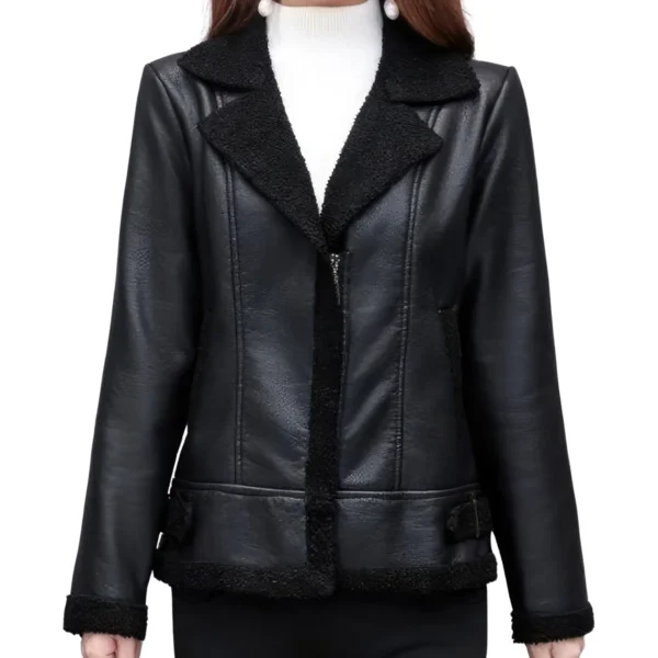 Womenâ€™s Black Bomber Genuine Sheepskin Sherpa Shearling Faux Fur Lined Winter Warm Fashion Chic Slim Fit Leather Jacket