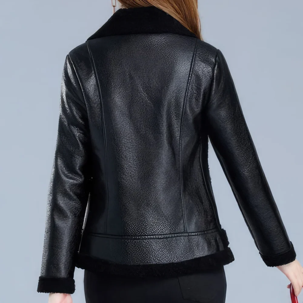 Womenâ€™s Black Bomber Genuine Sheepskin Sherpa Shearling Faux Fur Lined Winter Warm Fashion Chic Slim Fit Leather Jacket - Image 2