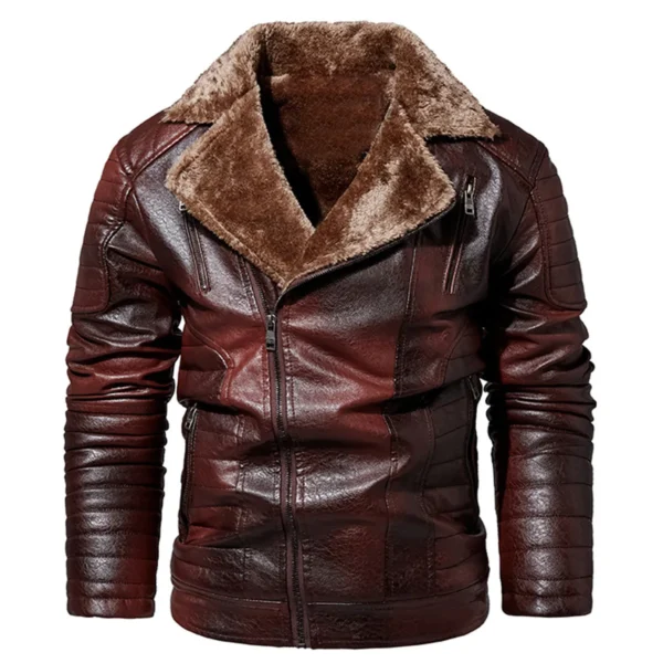 Menâ€™s Biker Distressed Brown Genuine Sheepskin Faux Fur Moto Classic Thick Windproof Leather Jacket