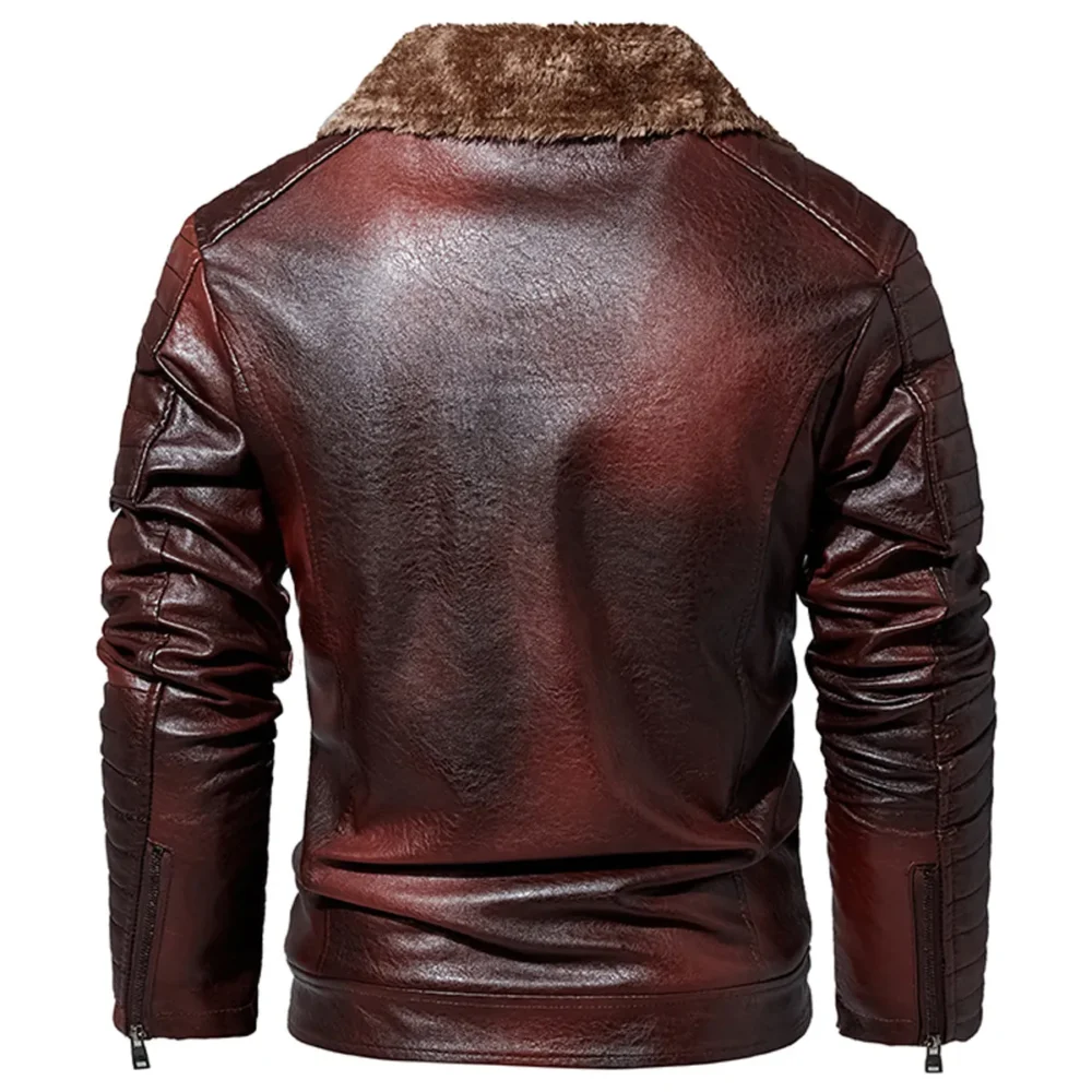 Menâ€™s Biker Distressed Brown Genuine Sheepskin Faux Fur Moto Classic Thick Windproof Leather Jacket - Image 2