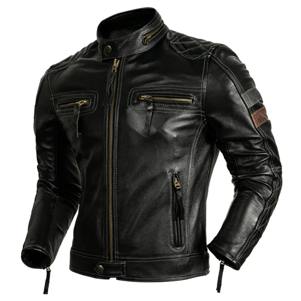 Menâ€™s Black Biker Genuine Cowhide Stand Collar Multi-Zippers Moto Rider Classic Leather Jacket