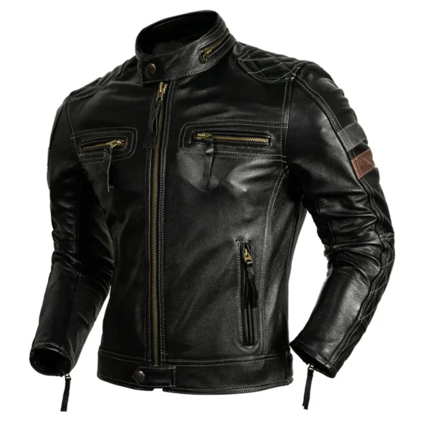 Menâ€™s Black Biker Genuine Cowhide Stand Collar Multi-Zippers Moto Rider Classic Leather Jacket