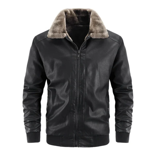Menâ€™s Black Bomber Genuine Sheepskin Sherpa Shearling Faux Fur Lined Shirt Collar Zip-Up Slim Fit Motorcycle Biker Leather Jacket