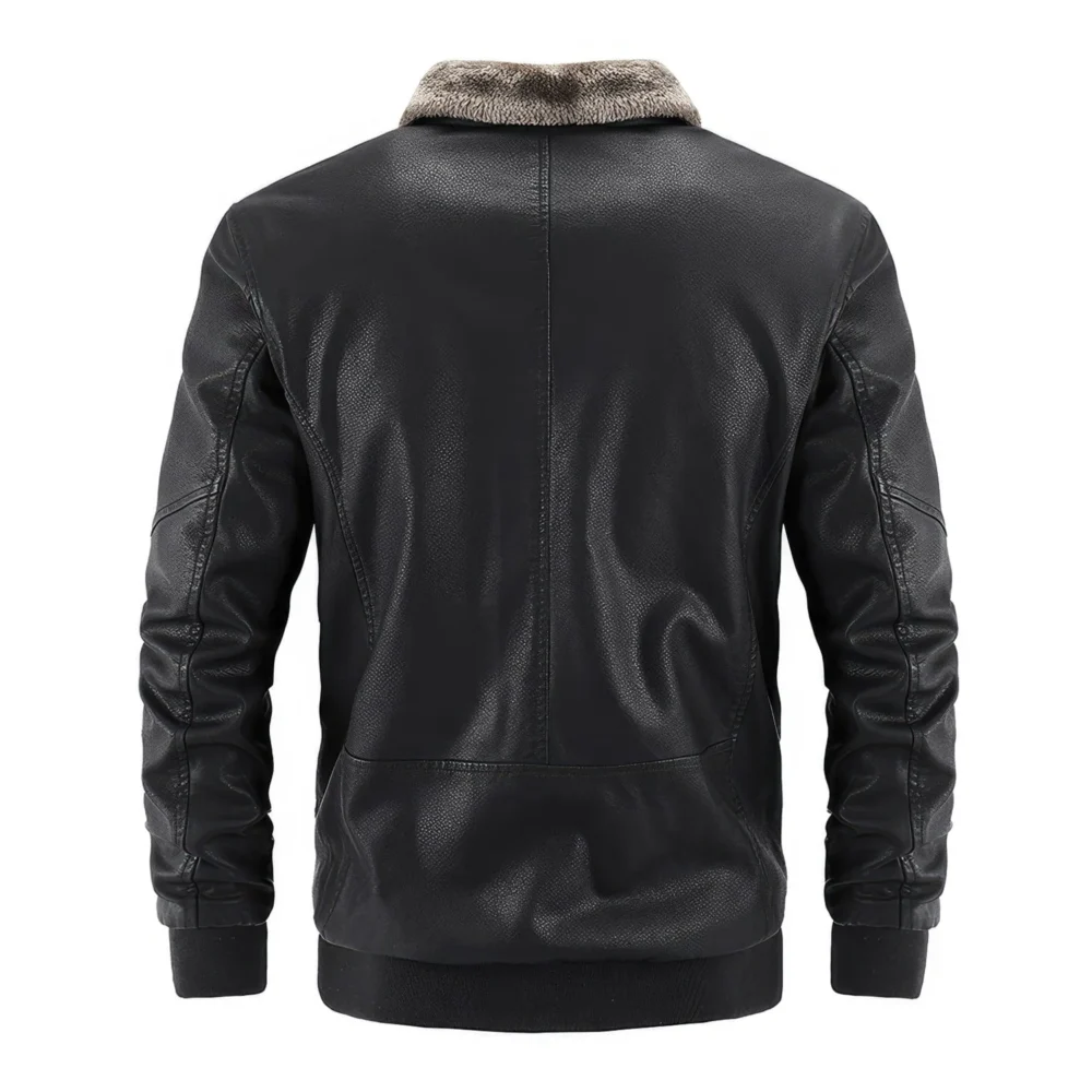 Mens Black Bomber Genuine Sheepskin Sherpa Shearling Faux Fur Lined Shirt Collar Zip-Up Slim Fit Motorcycle Biker Leather Jacket - Image 2