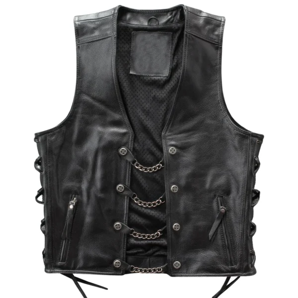 Menâ€™s Black Biker Genuine Sheepskin Sleeveless Lace-Up Trendy Motorcycle Streetwear Punk Fashion Leather Waistcoat