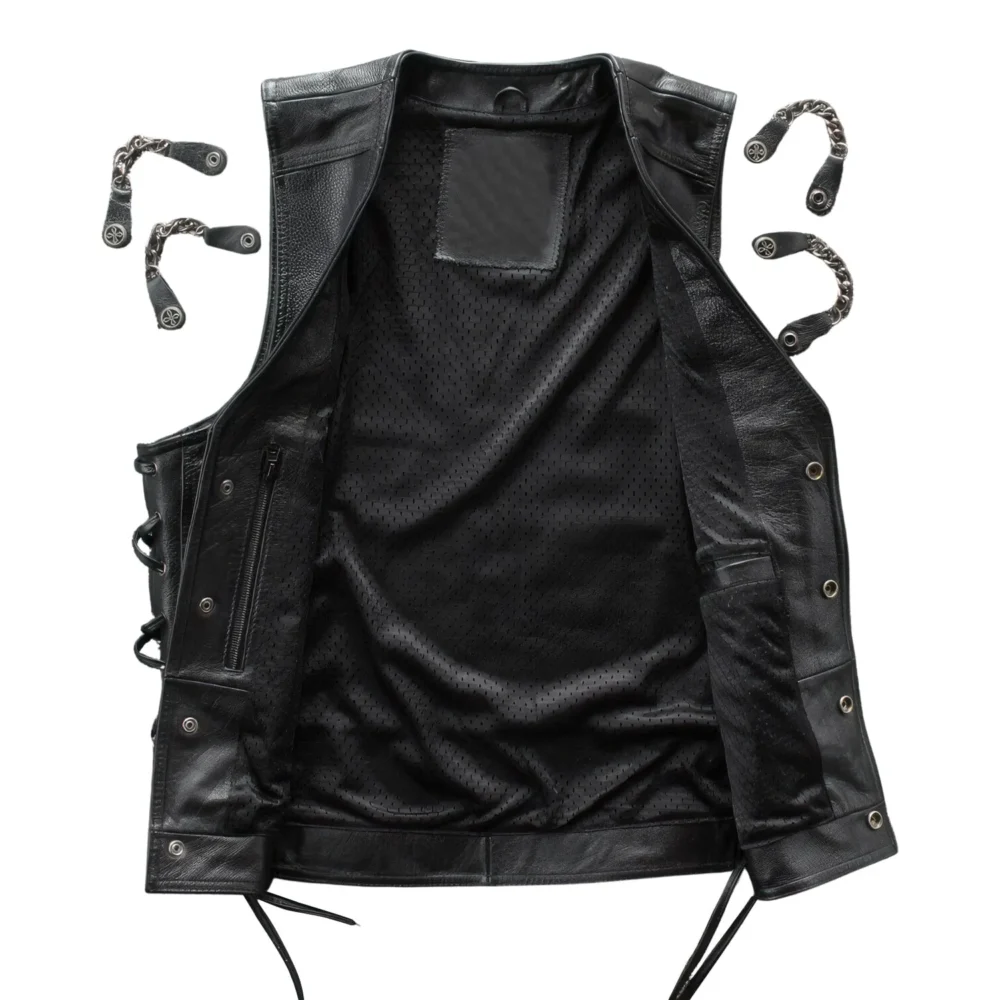 Menâ€™s Black Biker Genuine Sheepskin Sleeveless Lace-Up Trendy Motorcycle Streetwear Punk Fashion Leather Waistcoat - Image 3
