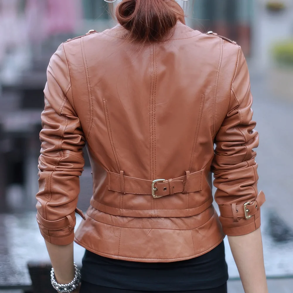 Womenâ€™s Brown Genuine Sheepskin Stand Collar Casual Motorcycle Racer Zip-Up Slim Fit Retro Biker Classic Smooth Leather Jacket - Image 2