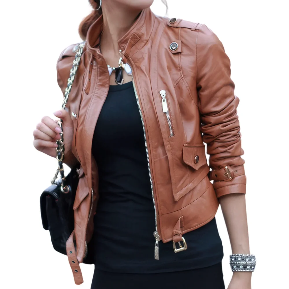 Womenâ€™s Brown Genuine Sheepskin Stand Collar Casual Motorcycle Racer Zip-Up Slim Fit Retro Biker Classic Smooth Leather Jacket - Image 5
