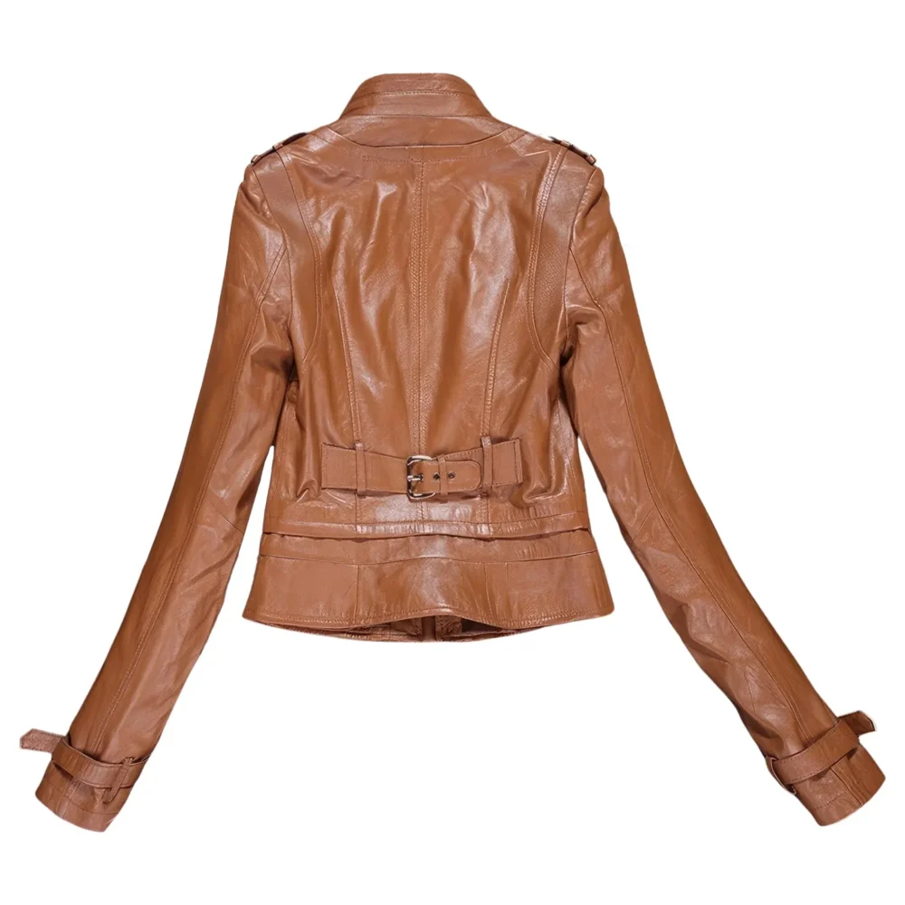 Womenâ€™s Brown Genuine Sheepskin Stand Collar Casual Motorcycle Racer Zip-Up Slim Fit Retro Biker Classic Smooth Leather Jacket - Image 6