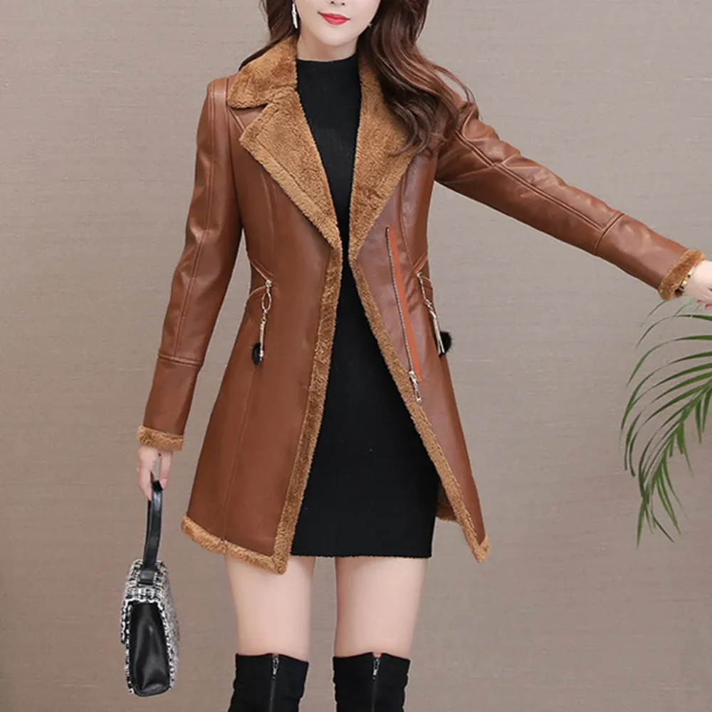 Womenâ€™s Brown Genuine Sheepskin Lapel Collar Sherpa Shearling Faux Fur Lined Thick Warm Casual Classic Single Breasted Trench Style Leather Coat Jacket