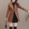 Womenâ€™s Brown Genuine Sheepskin Lapel Collar Sherpa Shearling Faux Fur Lined Thick Warm Casual Classic Single Breasted Trench Style Leather Coat Jacket