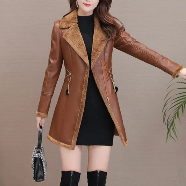 Womenâ€™s Brown Genuine Sheepskin Lapel Collar Sherpa Shearling Faux Fur Lined Thick Warm Casual Classic Single Breasted Trench Style Leather Coat Jacket