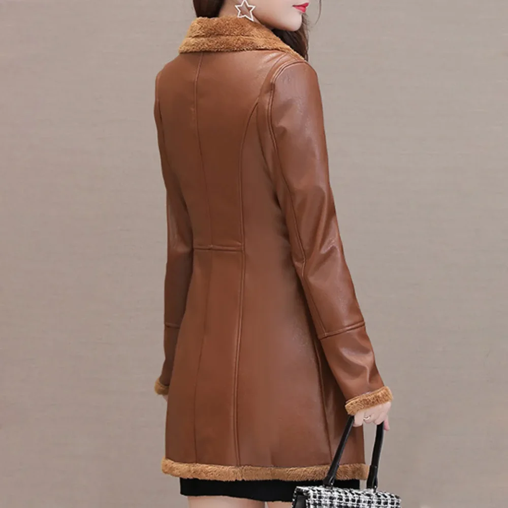 Womenâ€™s Brown Genuine Sheepskin Lapel Collar Sherpa Shearling Faux Fur Lined Thick Warm Casual Classic Single Breasted Trench Style Leather Coat Jacket - Image 2