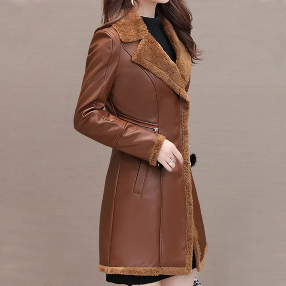 Womenâ€™s Brown Genuine Sheepskin Lapel Collar Sherpa Shearling Faux Fur Lined Thick Warm Casual Classic Single Breasted Trench Style Leather Coat Jacket - Image 3