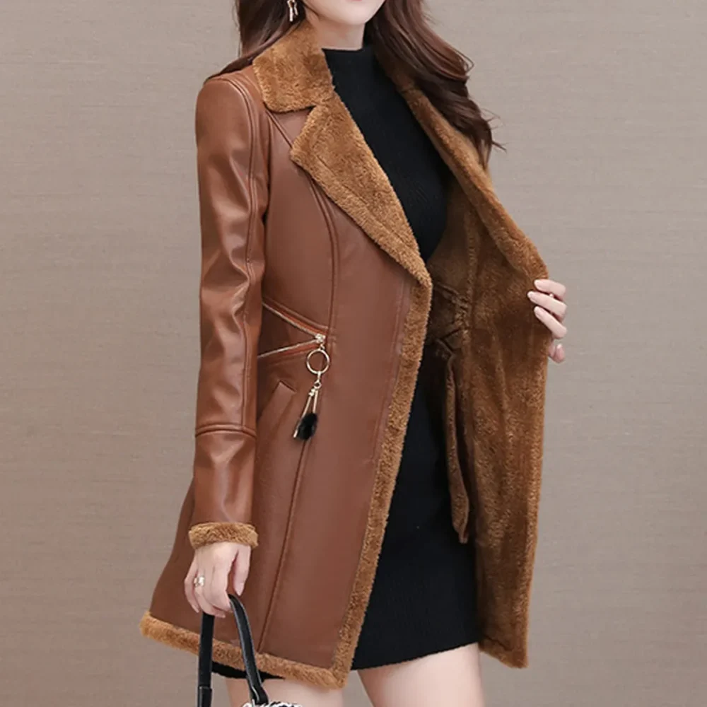 Womenâ€™s Brown Genuine Sheepskin Lapel Collar Sherpa Shearling Faux Fur Lined Thick Warm Casual Classic Single Breasted Trench Style Leather Coat Jacket - Image 5