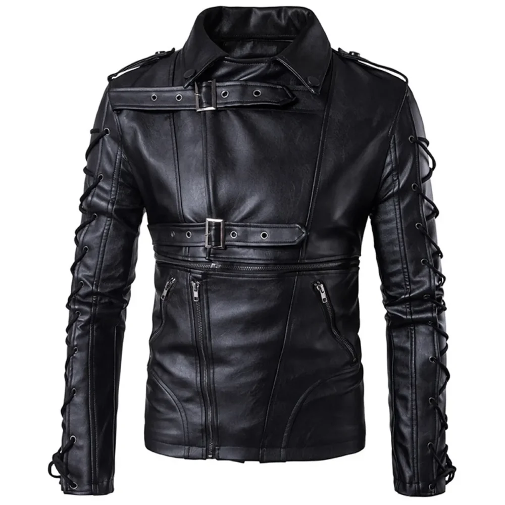 Menâ€™s Laced Military Gothic Black Genuine Sheepskin Racer Classic Fit Biker Leather Jacket
