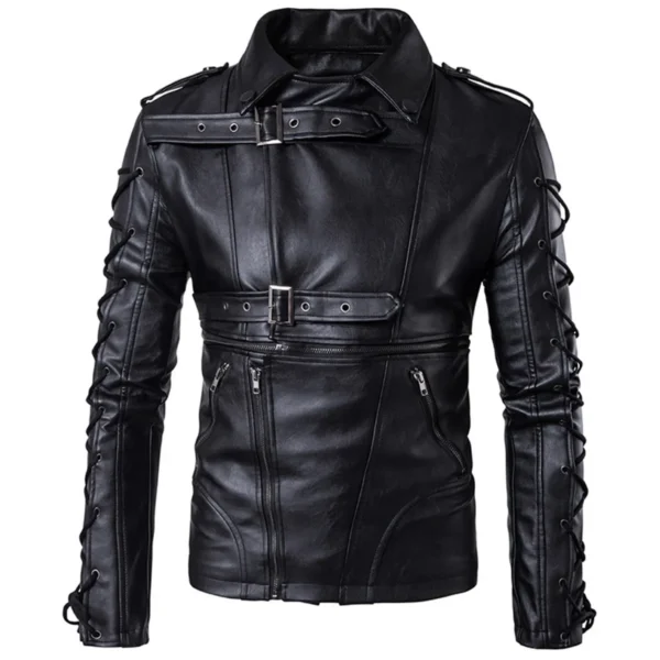 Menâ€™s Laced Military Gothic Black Genuine Sheepskin Racer Classic Fit Biker Leather Jacket