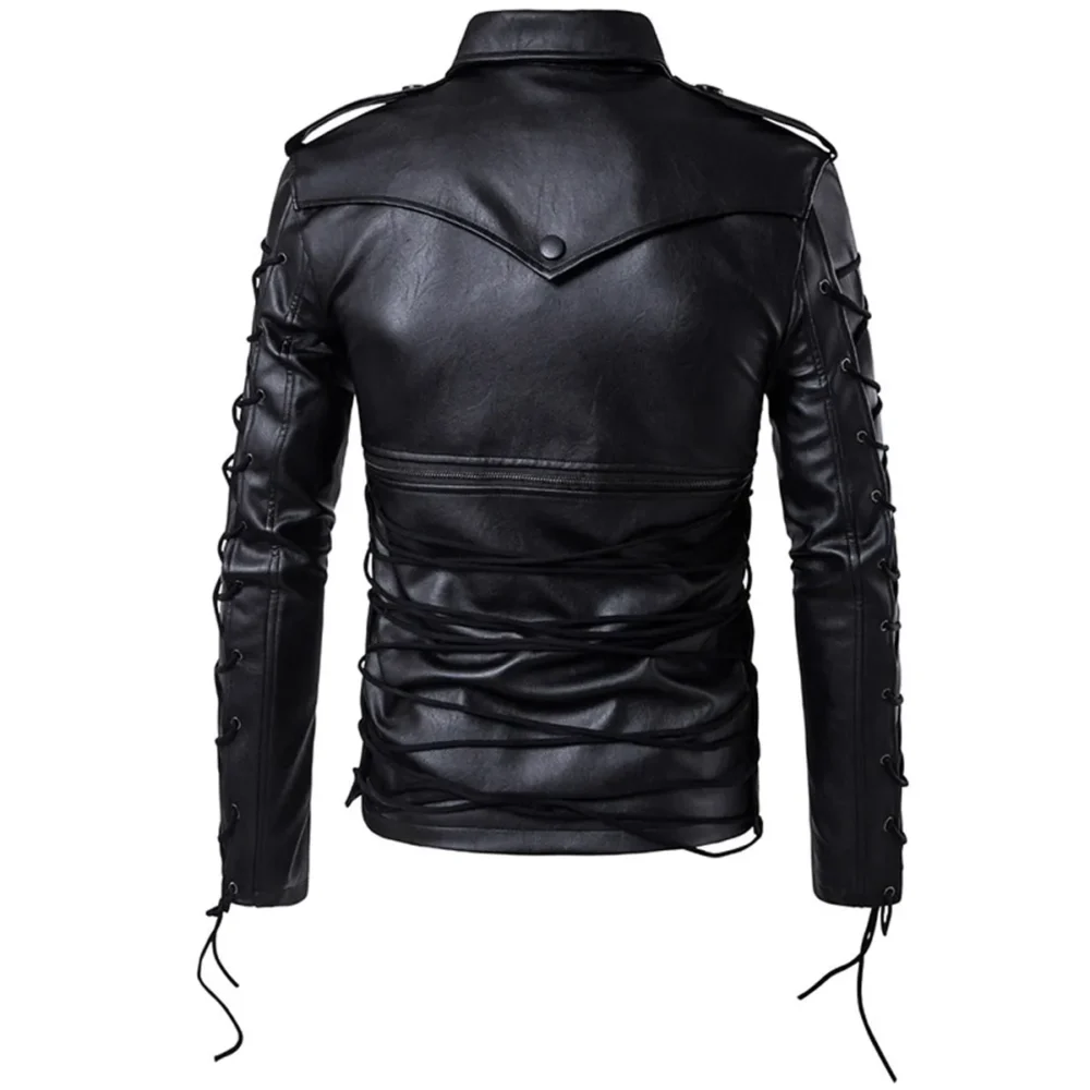 Menâ€™s Laced Military Gothic Black Genuine Sheepskin Racer Classic Fit Biker Leather Jacket - Image 3