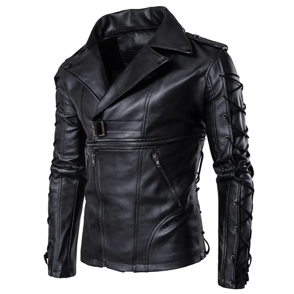 Menâ€™s Laced Military Gothic Black Genuine Sheepskin Racer Classic Fit Biker Leather Jacket - Image 2