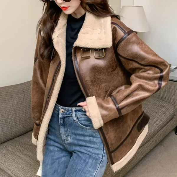 Womenâ€™s Distressed Brown Aviator Genuine Sheepskin Sherpa Shearling Faux Fur Lined Thick Winter Warm Streetwear Chic Flight Pilot Leather Jacket