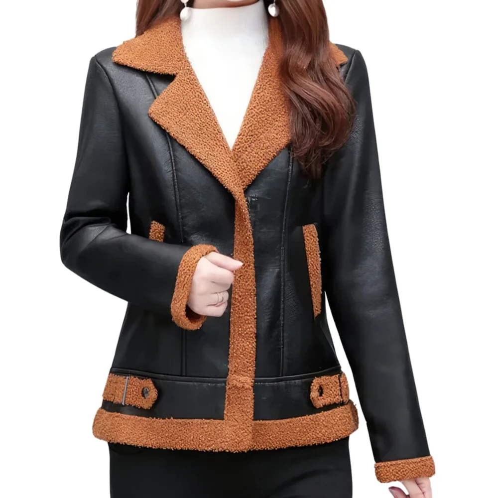 Womenâ€™s Black Bomber Genuine Sheepskin Sherpa Shearling Faux Fur Lined Winter Warm Fashion Chic Slim Fit Leather Jacket - Image 5