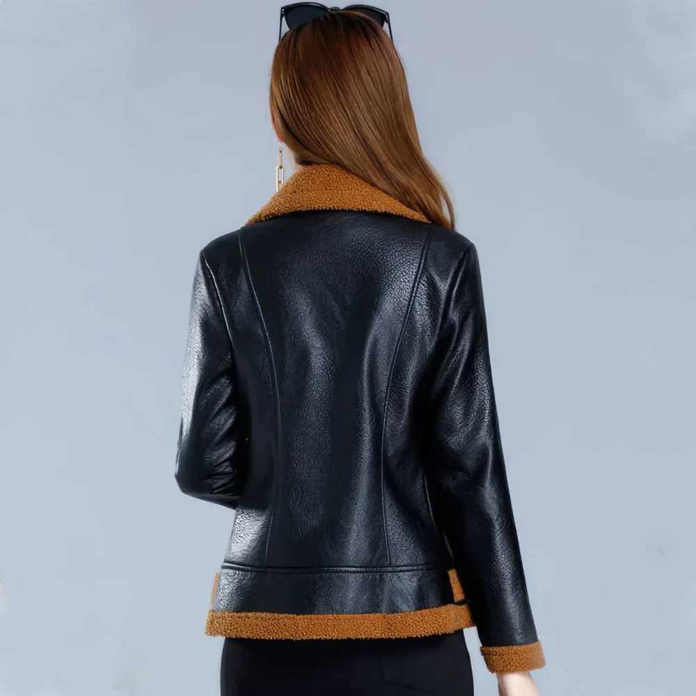 Womenâ€™s Black Bomber Genuine Sheepskin Sherpa Shearling Faux Fur Lined Winter Warm Fashion Chic Slim Fit Leather Jacket - Image 6