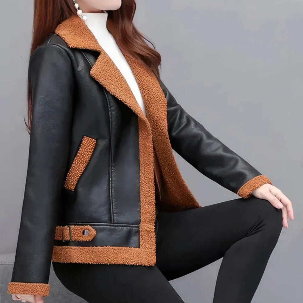 Womenâ€™s Black Bomber Genuine Sheepskin Sherpa Shearling Faux Fur Lined Winter Warm Fashion Chic Slim Fit Leather Jacket - Image 8