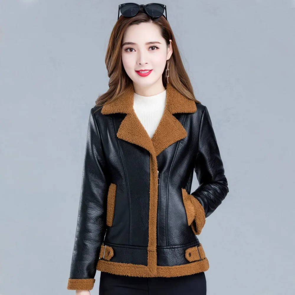 Womenâ€™s Black Bomber Genuine Sheepskin Sherpa Shearling Faux Fur Lined Winter Warm Fashion Chic Slim Fit Leather Jacket - Image 7