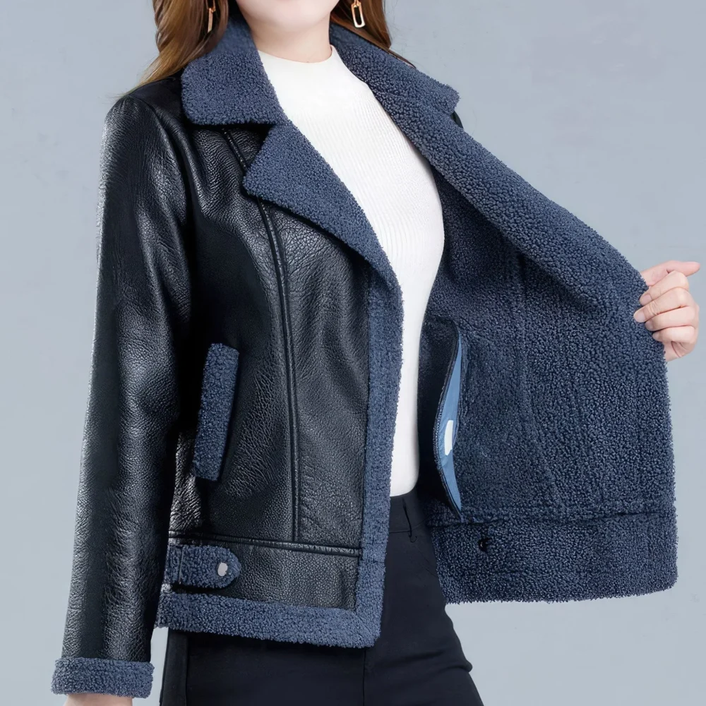 Womenâ€™s Black Bomber Genuine Sheepskin Sherpa Shearling Faux Fur Lined Winter Warm Fashion Chic Slim Fit Leather Jacket - Image 3