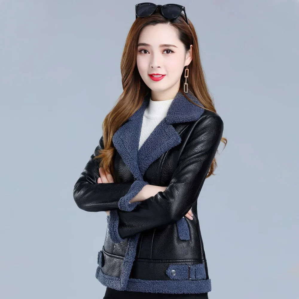 Womenâ€™s Black Bomber Genuine Sheepskin Sherpa Shearling Faux Fur Lined Winter Warm Fashion Chic Slim Fit Leather Jacket - Image 4
