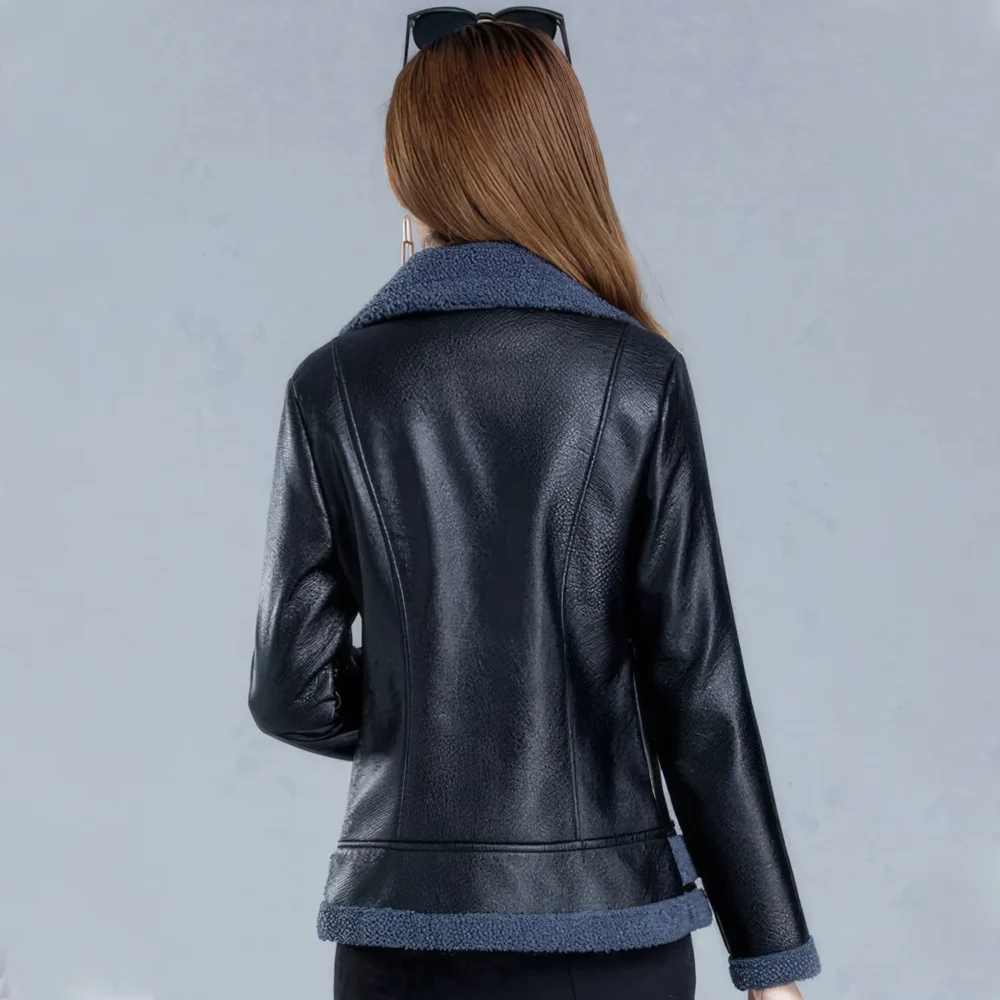 Womenâ€™s Black Bomber Genuine Sheepskin Sherpa Shearling Faux Fur Lined Winter Warm Fashion Chic Slim Fit Leather Jacket - Image 2