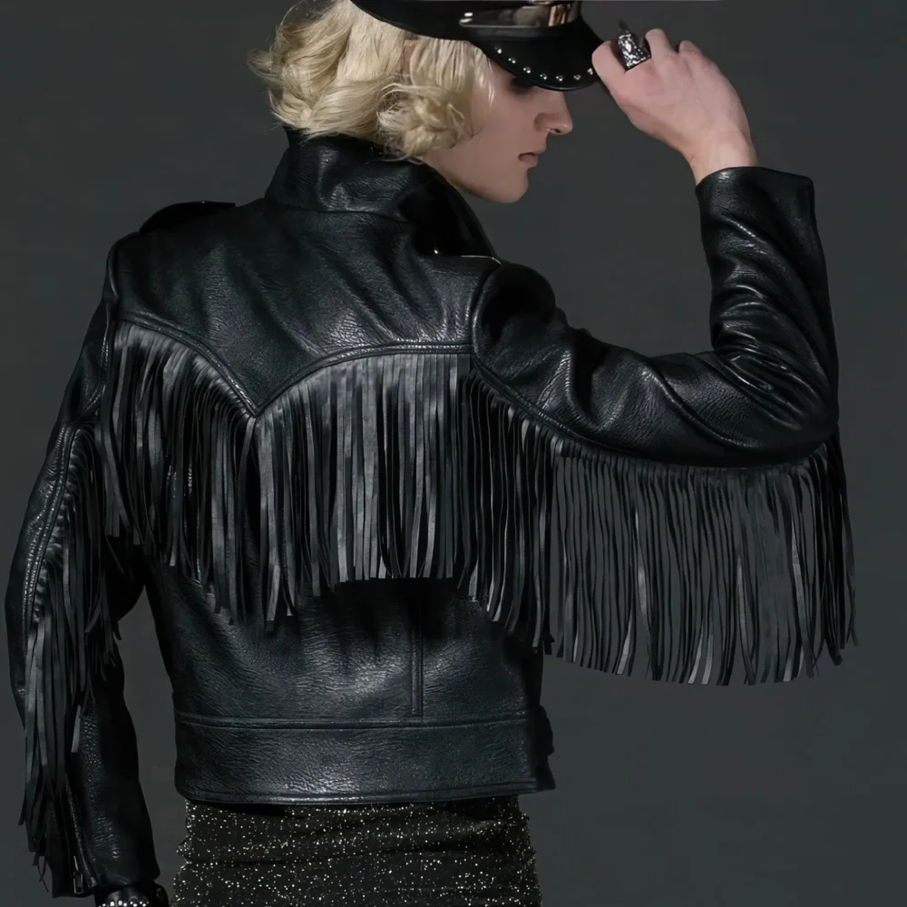 Menâ€™s Black Biker Genuine Sheepskin Cowboy Tassel Western Native American Motorcycle Slim Fit Fringe Leather Jacket - Image 3