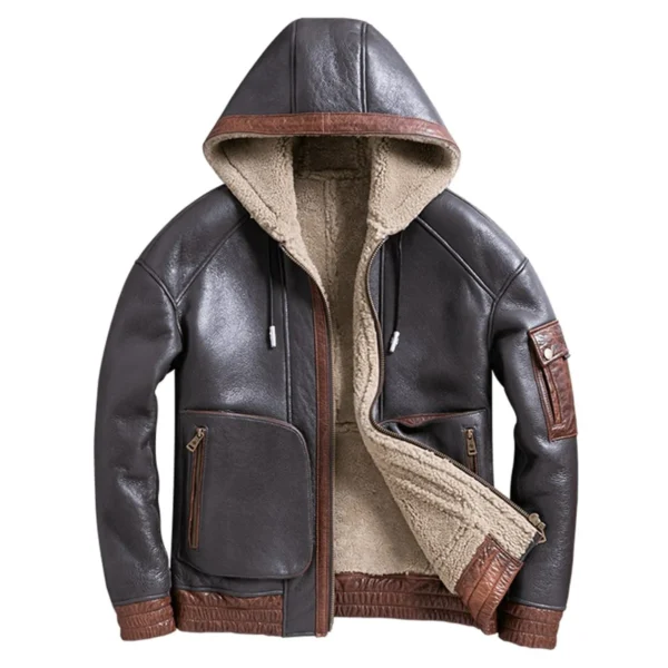 Menâ€™s Brown Bomber Winter Warm Genuine Sheepskin Faux Fur Lined Drawstring Hooded Smooth Streetwear Leather Jacket Coat