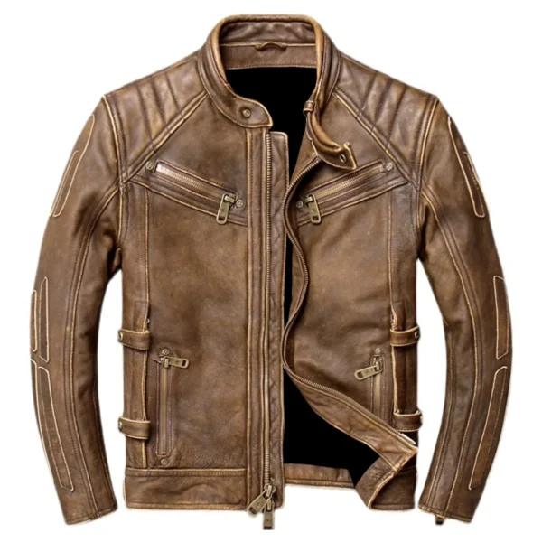 Menâ€™s Vintage Brown Cowhide Genuine Stand Collar Trucker Motorcycle Biker Leather Jacket